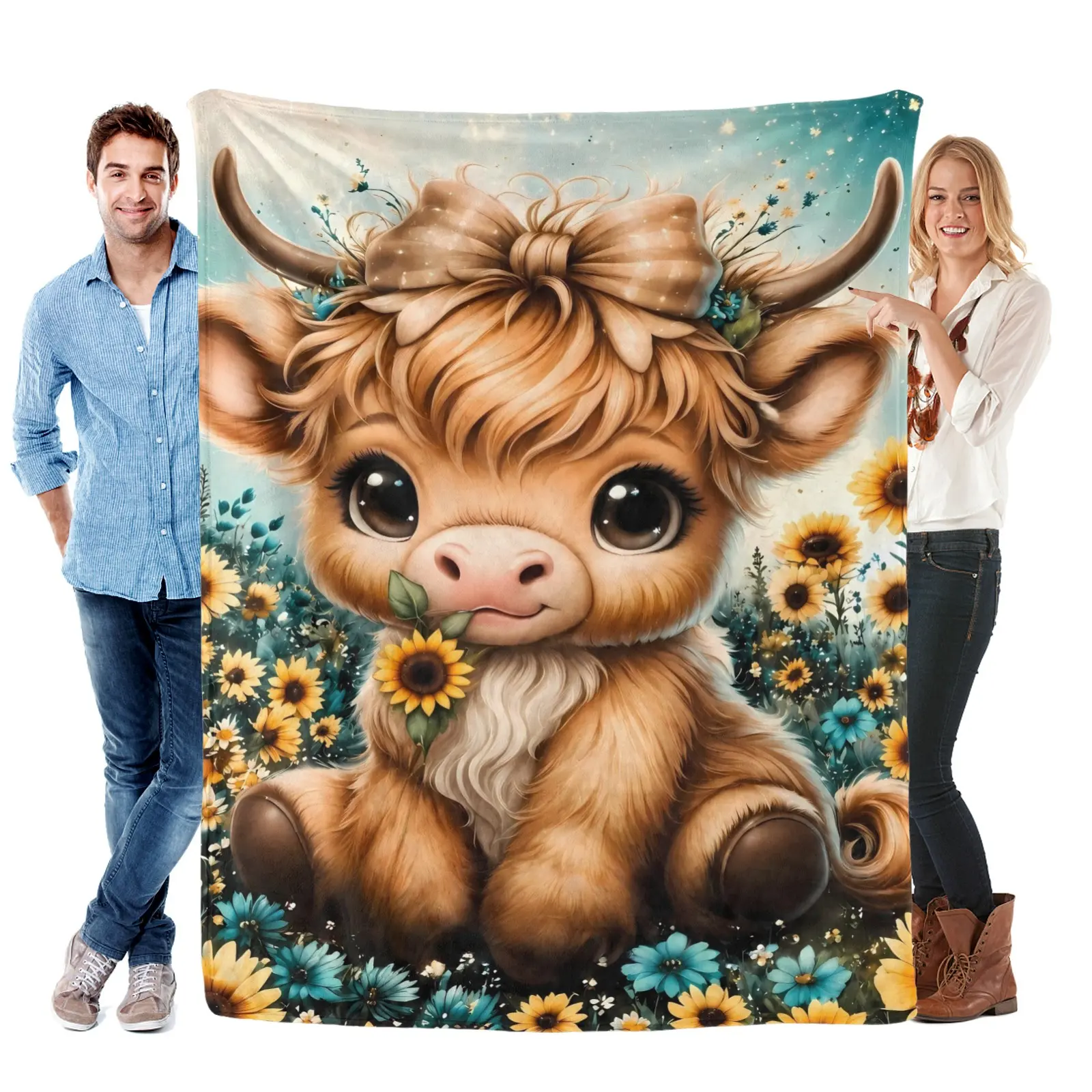 Personalized Highland Cow Polyester Fabric Flannel Blanket - Super Soft, Lightweight, Warm - Cute Decor for Sofa Bed Office - Ideal Gifts for Girlfriend, GF Gift - Perfect for Camping Travel