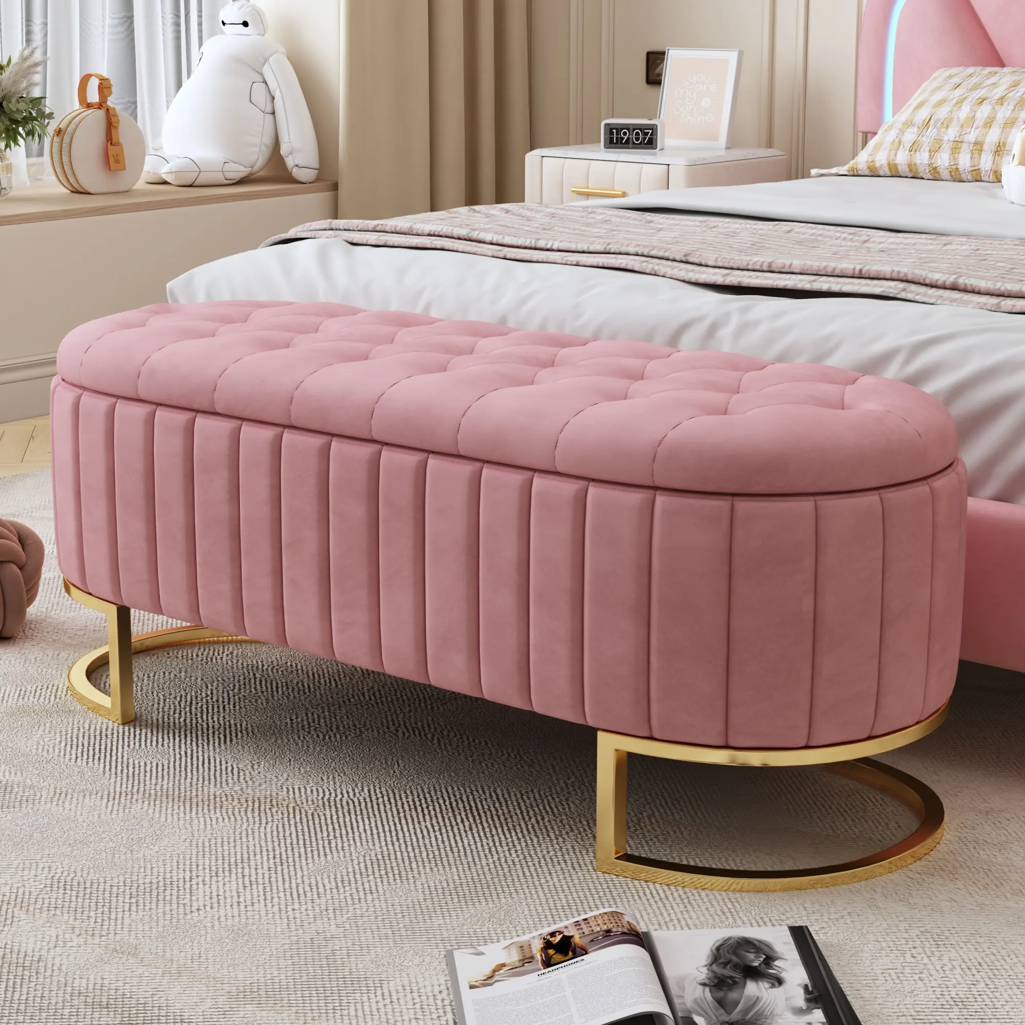 Twin/Full Size Wood Platform Bed with Removable Storage Shelves, Built-in Two Storage Drawers for Added Convenience   .Pink