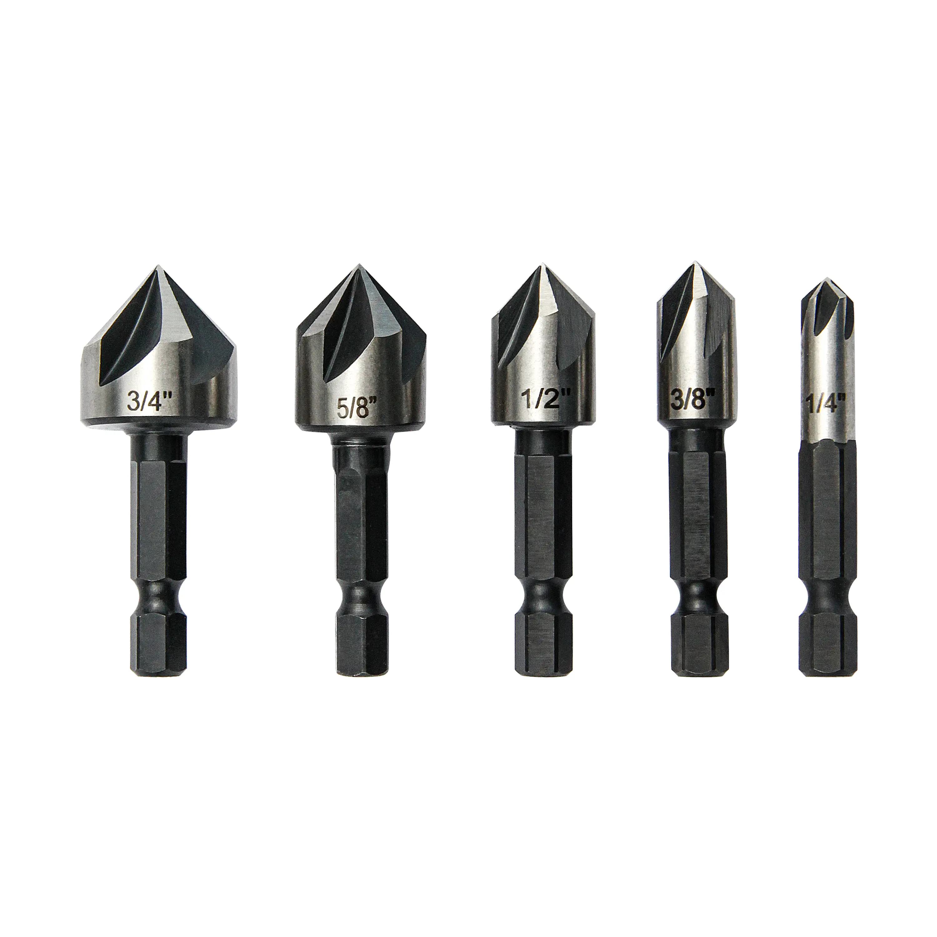 5-Pcs Coated 82-Degree High Speed Steel Countersink Drill Bit Set, Durable Power Tool Accessory with Durability for 82-Degree Counter Sink Holes in Metal & Wood, Fiberglass, Plastic (Inches Compatible)