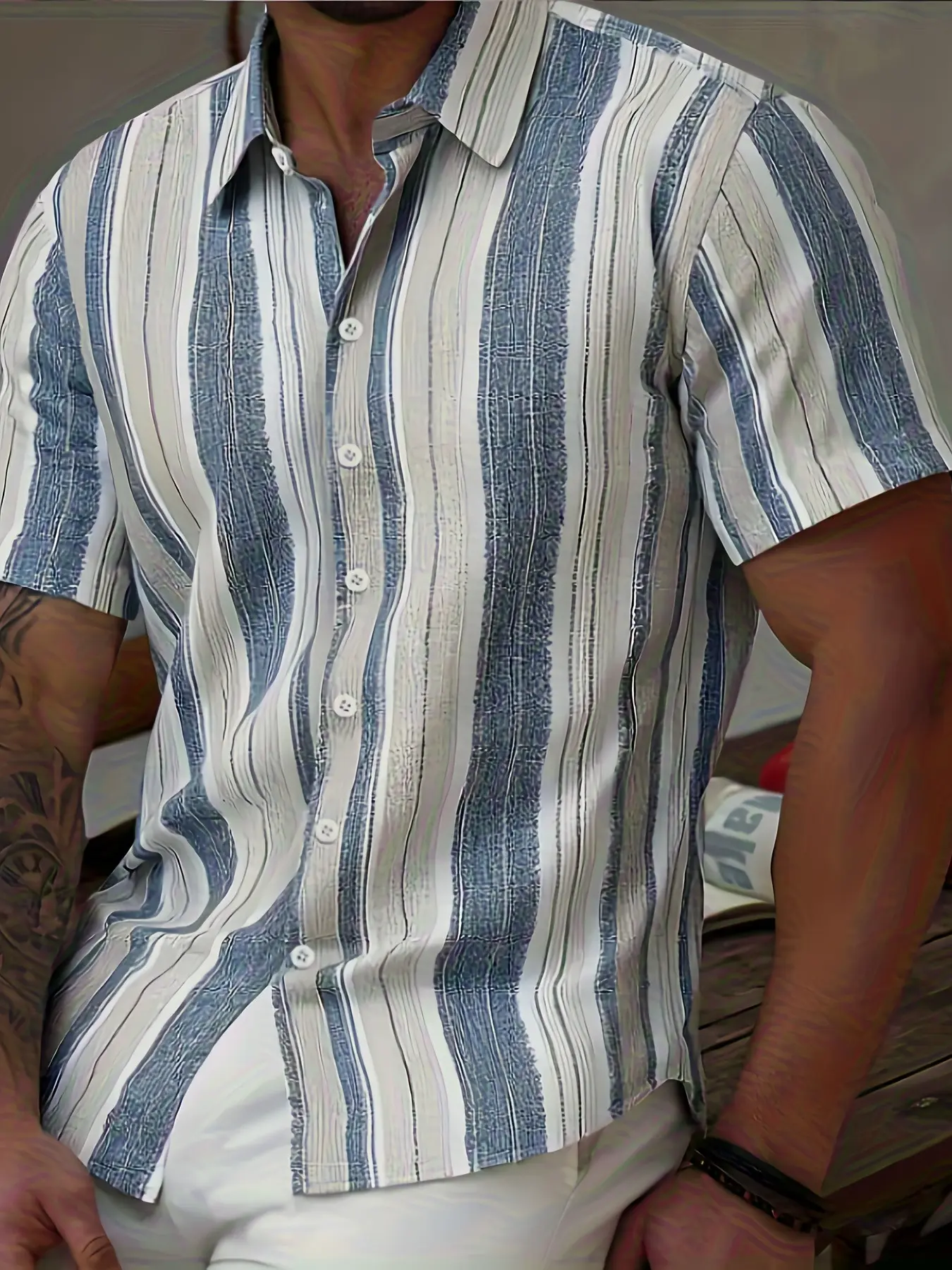 Men's Striped Short-Sleeve Shirt, Casual Button-Down Closure & Collar Design, Summer Beach Shirt, Tropical Hawaiian Style, Loose-Fit, for Beach, Party & Daily Wear, Multiple Colors