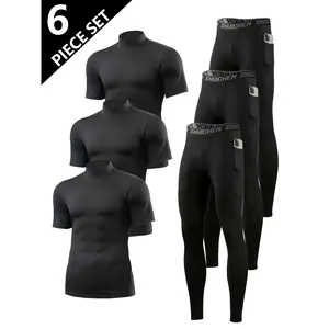 Men's three-piece turtleneck T-shirt and three-piece compression pants set, breathable moisture-wicking slim-fitting sportswear, quick-drying elastic base layer, cycling, fitness and leisure occasions athletic crew neck wear autumn thermal long sleeve