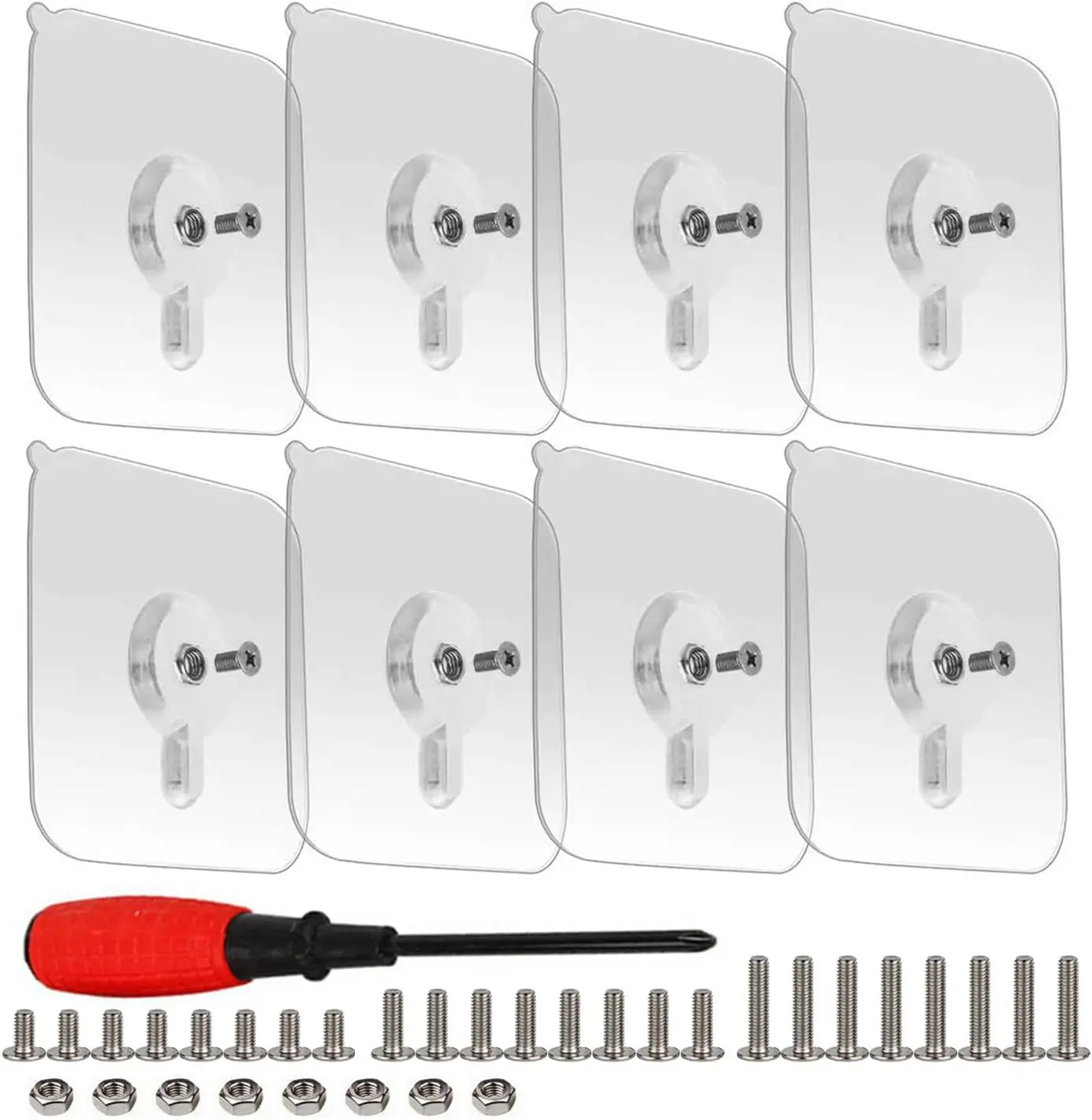 8-Set Adhesive Screws Wall Mount Hanging Nails No-Trace No Drilling Stick-on Sticky Screw with 3 Different Size Screw for Bathroom Kitchen Storage Room Tile Wall Shower Room