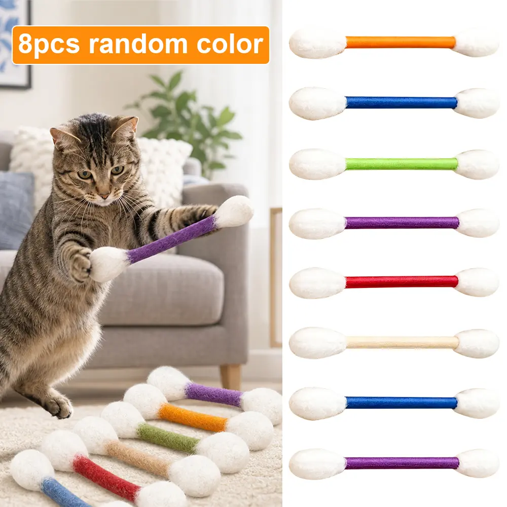 Cotton Swab Style Cat Chew Toy Pack of 8, Soft Colorful Plush Interactive Kitten Teething Stick Toys for Indoor Cat Play, Bite Resistant Pet Toy for Teeth Care & Boredom Relief