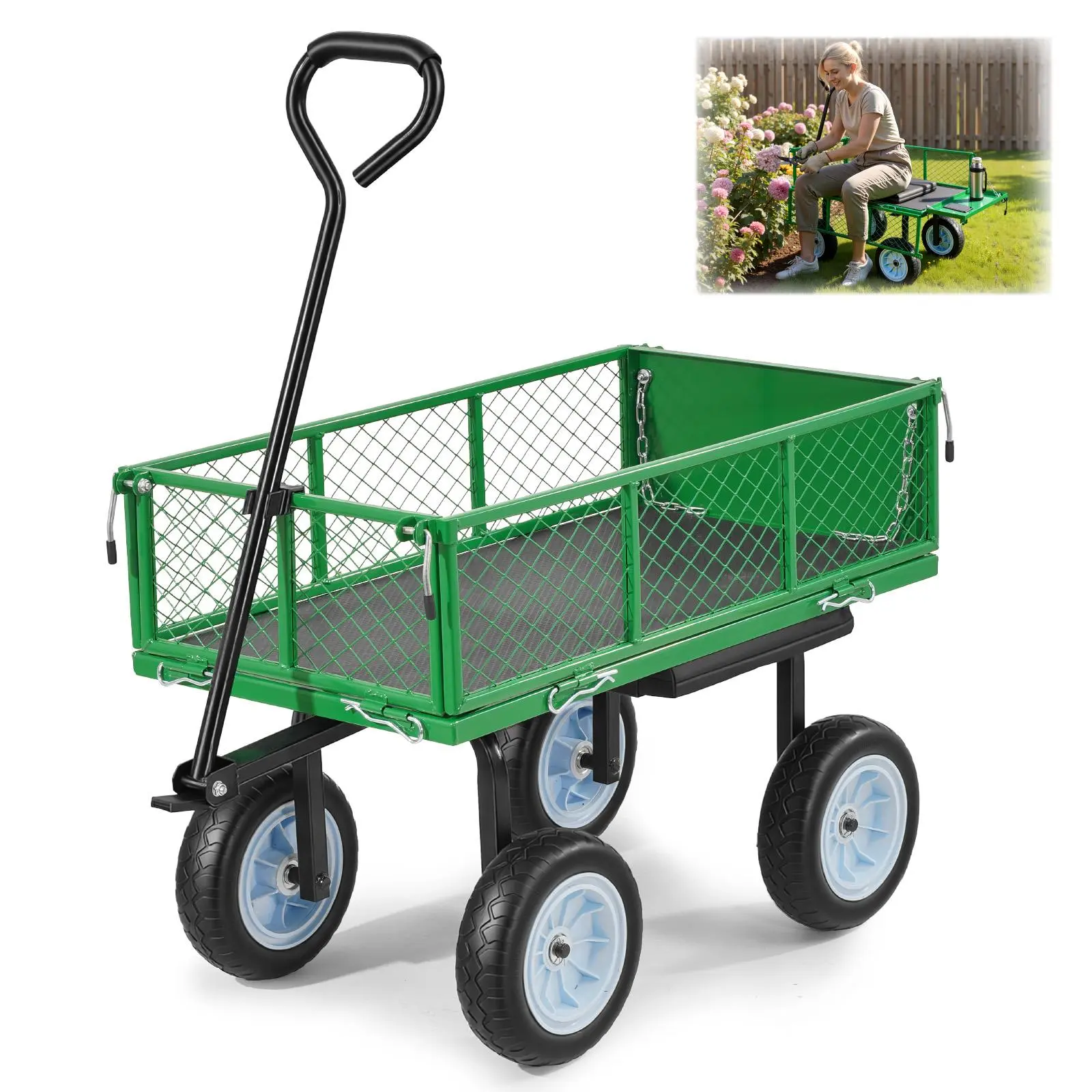 【SummerFinds】VEVOR Garden Cart with Seat, 500 LBS, Rolling Steel Garden Work Seat with Wheels, Heavy Duty Gardening Stool, with Tool Tray & Adjustable Handle, Outdoor Yard Wagon, for Lawn, Patio, Backyard, Green