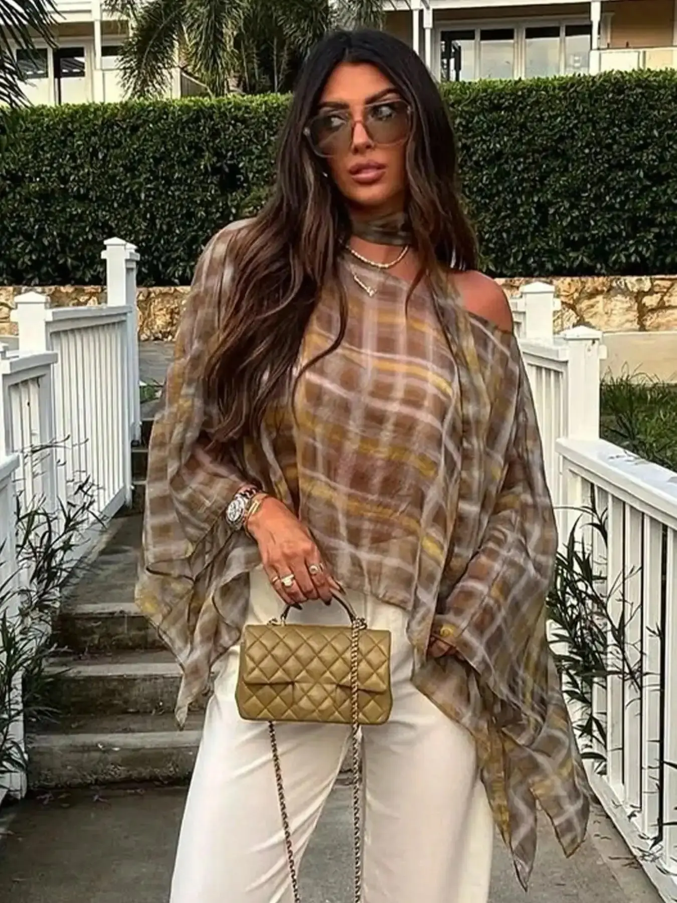 Women's Spring Summer Fashion Womenswear Casual Loose Plaid Print Cape Top One Shoulder Scarf Decorated Blouse Vintage Versatile Vacation Elegance Style Shirt Everyday Tops wardrobe essential versatile piece