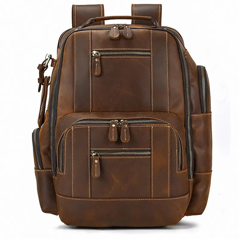 Vintage Full-Grain Cow Hide Leather Backpack for School, Crazy Horse Rucksack for EDC Gear & Work, Multi-Compartment Bag Fits 15.6" Laptop, Laptop Work Bag