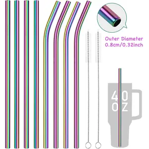 3/5/8/10PCS Rainbow Metal Straw&Cleaning Brush Set for 40oz Tumbler, 304 Stainless Steel Straw, 30cm Extra Long Straw for 40oz Cup/Tall Glass, Bar Utensil