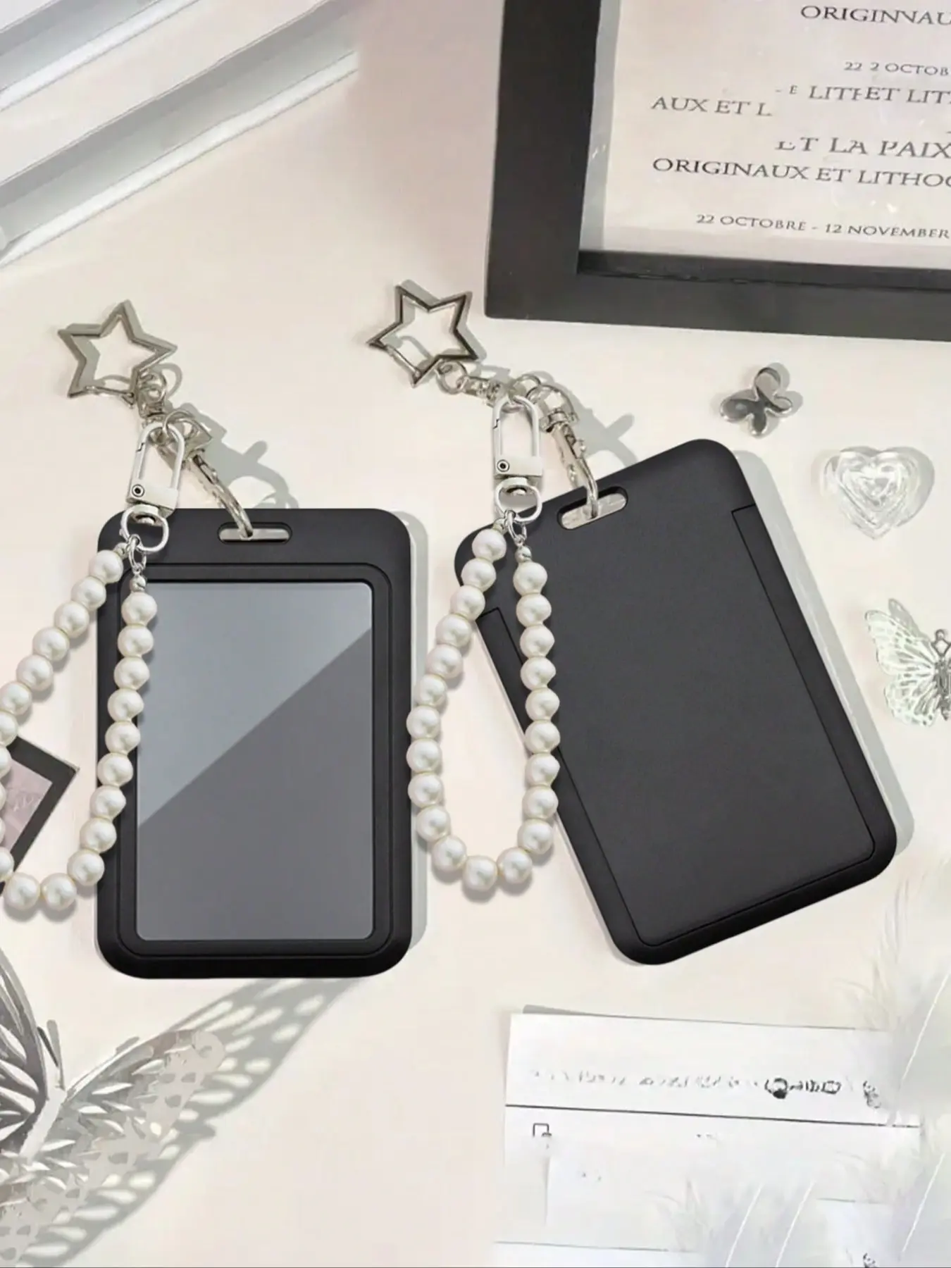 Black Card Holder With Star Pendant And Fake Pearl Pendants, Bag Ornament, Keychain, Protective Cover Can Hold Id Card, Bus Card, Subway Card, Photo, Access Card, Used Daily, Decorated, Id Card Decoration, Gift To Friend