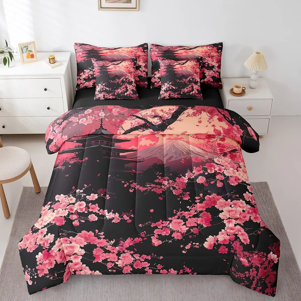Pink Cherry Blossom Comforter Set with Sheets,Oriental Japanese Style Bedding Set Adults,Mountain Scene Bed Set with Fitted+Flat Sheet,Pillowcases,Throw Pillow Covers