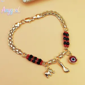 Anygoal 14K Real Gold Plated Elephant Evil Eye Bracelet Hypoallergenic Adjustable Anklet in Bohemian Style Stylish Jewelry for Daily Wear, Spiritual Energy & Trendy Outfits Sports Wristband for Trendy Women, Protection Jewelry (Gift)