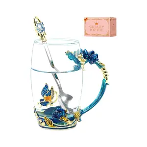 Women's Butterfly Flower Glass Drinkware - Sky Blue Rose Tea Cup/Coffee Mug, Mother's Day Gift 2, Birthday Presents for Female Loved Ones, Kitchenware Cups & Saucers