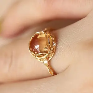 Vintage Fashion Flower-Inlaid Synthetic Moonstone Golden Ring, Elegant Ladies' Engagement/Wedding Anniversary Gift, Luxurious Banquet Party Accessory
