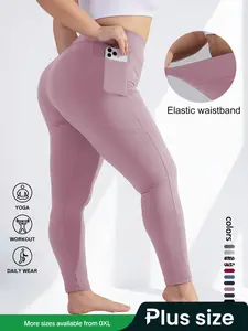 Plus Size Solid High Waisted Pocket Leggings with Pockets, High Stretch Four-Way Stretch, All-Day Comfort Fit for Any Occasion, Fashionable Versatile Leggings