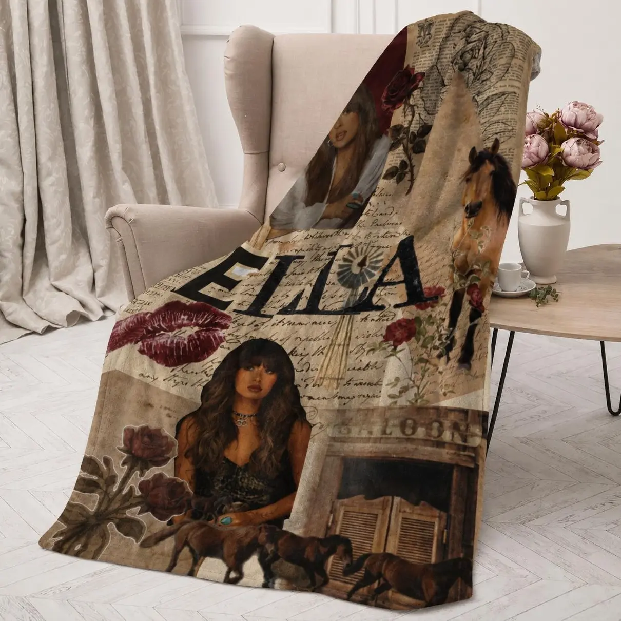 Ella Western Cowgirl Flannel Throw Blanket, Vintage Horse Rose Collage Cozy Fleece Blanket, Country Music Inspired Bedroom Couch Decor, Gift for Women