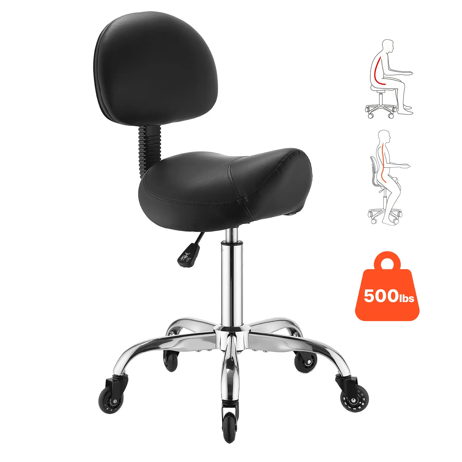VEVOR Saddle Stool with Back Support, 500 lbs Weight Capacity, Height Adjustable, Quiet Casters, Ergonomic PU Leather Seat, 360° Swivel Saddle Stool Rolling Chair for Salon, Spa, Bar, Medical, Black#BacktoSchool