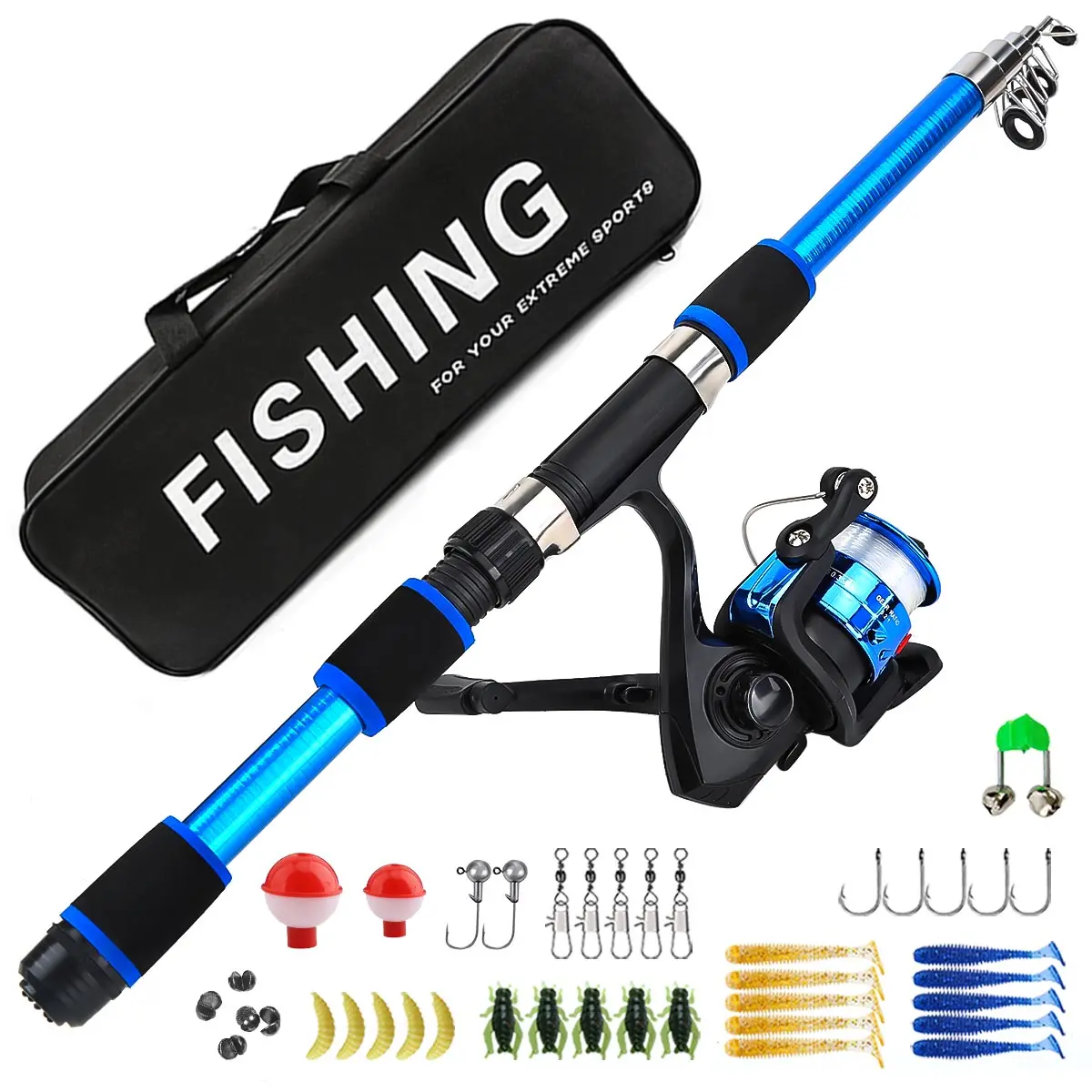Expandable Set with Reel, Full Accessories Kit (hooks, Soft Lures, Storage Bag), Freshwater Saltwater Universal Casting Gear, Fishing Tackle Kit, Fishing Equipment