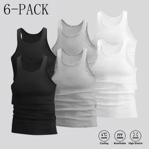 Men’s solid-color slim-fit tank tops available in packs of 1–6 pieces, made from a polyester–elastane blend that is lightweight, breathable, and comfortable—ideal for fitness training and everyday wear.