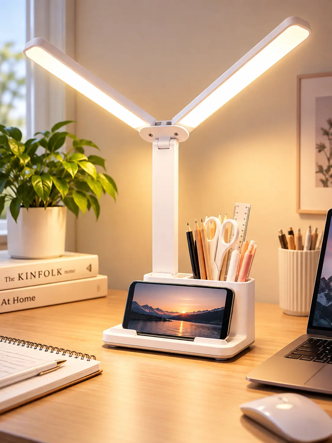 Dual Head LED Desk Lamp, 3 Color Lighting Modes, Adjustable Eye-Caring Study Light with Phone Holder & Pen Organizer, USB Powered Desk Light for Home Office, Bedroom, Dorm & Reading