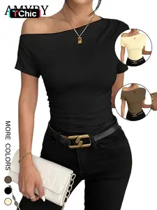 Women's Sexy Asymmetrical Neckline Loose Fit Short Sleeve T-Shirt, Summer Casual Slim Fit Pure Color Top, New Arrival Fashion