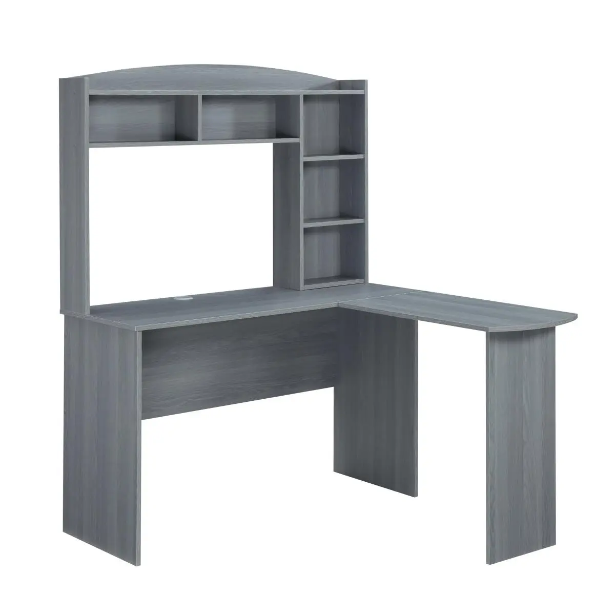 Techni Mobili Modern L-Shaped Wood Computer Working Desk with Hutch - Grey Office Desk, Corner Storage Armoire, Grey Laminate Surface, Supports Weight Limit of 110lbs, Wood Panels, Contemporary