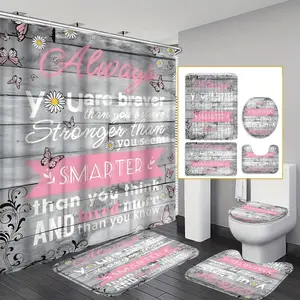 Butterfly & Letter Pattern Bathroom Decor Set, 4 Counts Non-slip Bath Mat & U-shaped Commode Contour Rug & Toilet Lid Mat & Shower Curtain with 12 Hooks, Bathroom Accessories