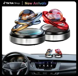 Solar-Powered Rotating Car Decoration – Auto-Spinning Crystal Ball with Subtle Scent, Double Ring Solar Energy Car Dashboard Decoration Perfume Holder, Refillable Air Freshener Pad for Dashboard, Rotating Aromatherapy Diffuser Ornament