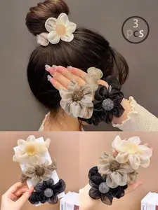 3pcs-Girls-Floral-Hair-Accessories-Set-For-Buns-Including-Beige-Organza-Flower-Hair-Elastic-Brown-Flower-Hair-Clip-And-Black-Hair-Tie-That-Are-Suitable-For-Daily-Life-Scrunchie-Fashionable Hair Accessories-Hair Ties