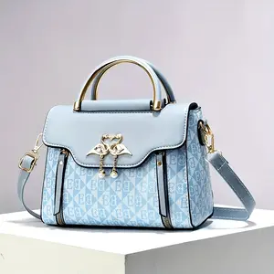 Stylish Light Blue Handbag with Golden-Tone Hardware, Detachable Shoulder Strap, And Floral Pattern - Perfect Gift for Women, Family, Or Mother'S Day, Cute Purse