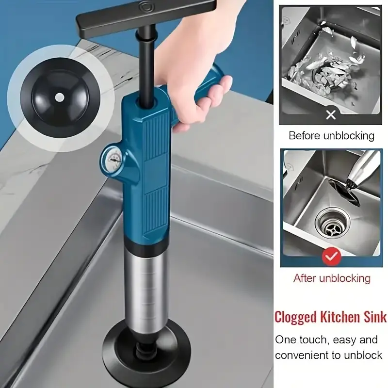 1pc High-Pressure Air Drain Blaster - Stainless Steel Toilet Plunger, Plumbing Tool, Toilet Unclogging Tool, Ideal for Clogged Pipes, Kitchen Sinks, Bathrooms, Hawaiian Style, Bathroom Plunger, Durable Plastic Handle, Drain Cleaning