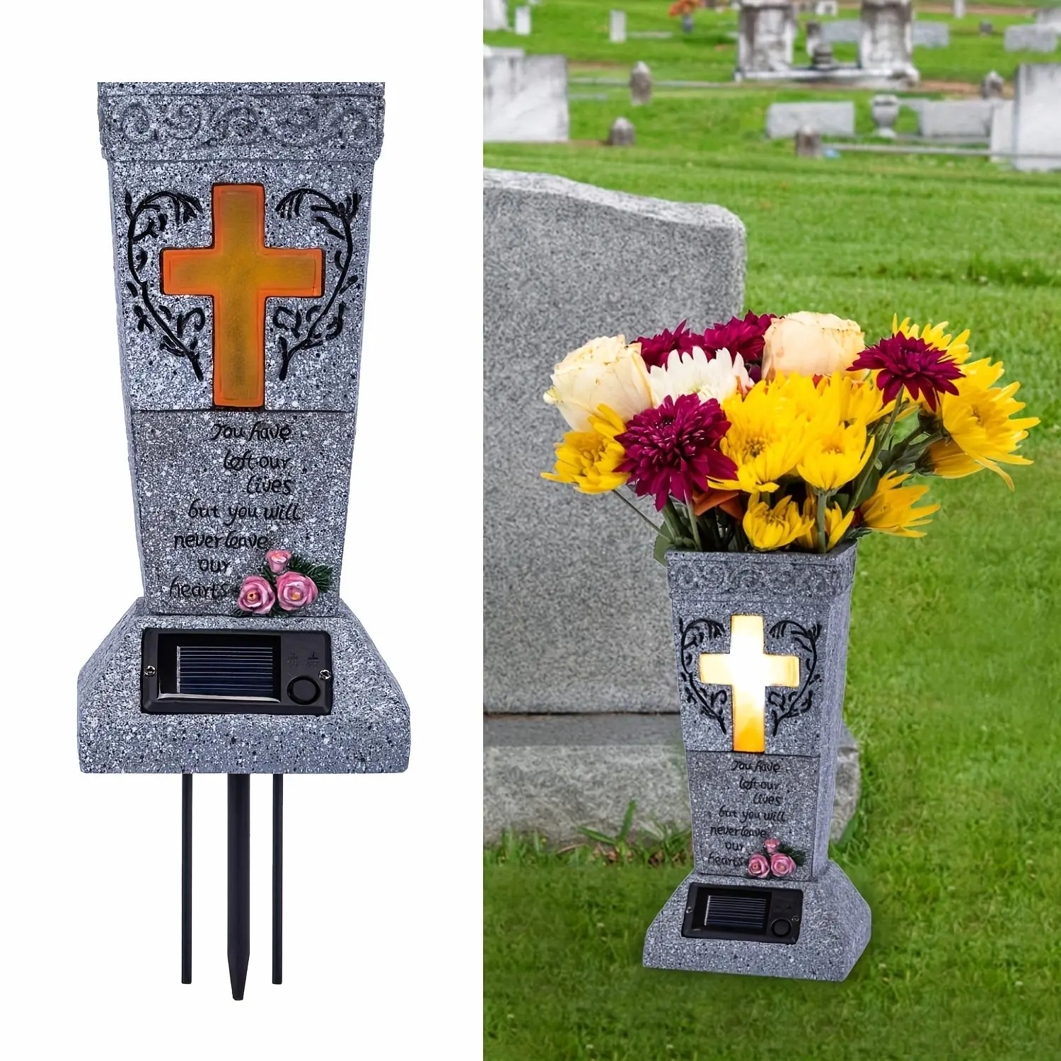 Grey Solar Cemetery Grave Vase with LED Lights & Spikes - For Fresh/Artificial Flowers on Headstones, Memorial Garden Decor & Gift for Grieving Loved Ones (Battery Not Included)