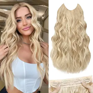 Invisible Wire Hair Extensions - 20 Inch Hair Extensions Halo Ash Blonde Mix Bleach Blonde Long Wavy Synthetic Hairpiece with Transparent Wire Adjustable Size 4 Secure Clips for Women