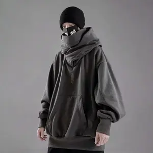 EmbroideryTurtleneckSweatshirtForMenJapaneseNinjaHoodiesAutumnHipHopFleecePocketStreetwearOversizedY2KHoody Menswear Tops