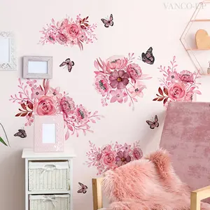 3pcs (20*30cm) hand-painted pink floral and butterfly spring and summer wall stickers, Decorative stickers, home decor wall stickers, Wall Art Stickers (M15031-YC)