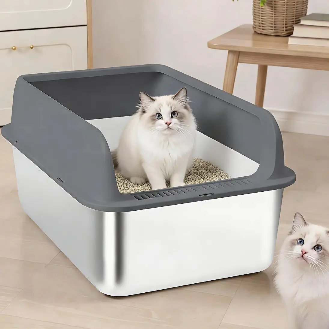 Stainless Steel Cat Litter Box, Odor Proof &Scratch Proof Metal Cat Litter Box, High-Sided Metal Litter Tray, Anti-Stick Base, Leak-Proof, Scratch-Resistant, Easy to Clean, Indoor Cat Toilet for Large/Medium/Small Cats