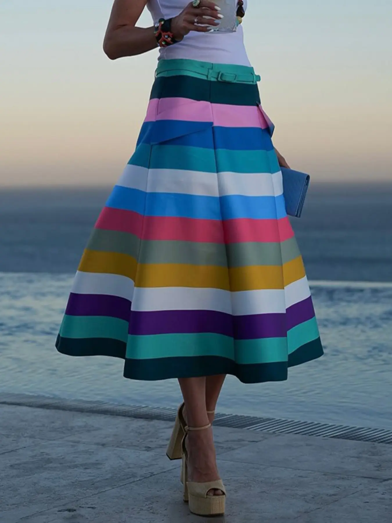 Women's A-Line Loose Fit Striped Zipper Midi Skirt with Waistband, Belt, Casual Fitted Chic Elegant Design, Perfect for Daily Wear, Womenswear, Casual Fashion Skirt, A Line Skirts