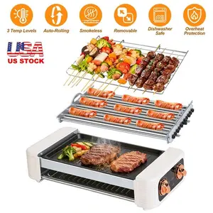 3 In 1 Electric Hot Dog Roller Machine with Grill & Griddle 6-Roller Hot Dog Cooker Smokeless Non-Stick Indoor Outdoor 3 Temp Levels for BBQ Saus