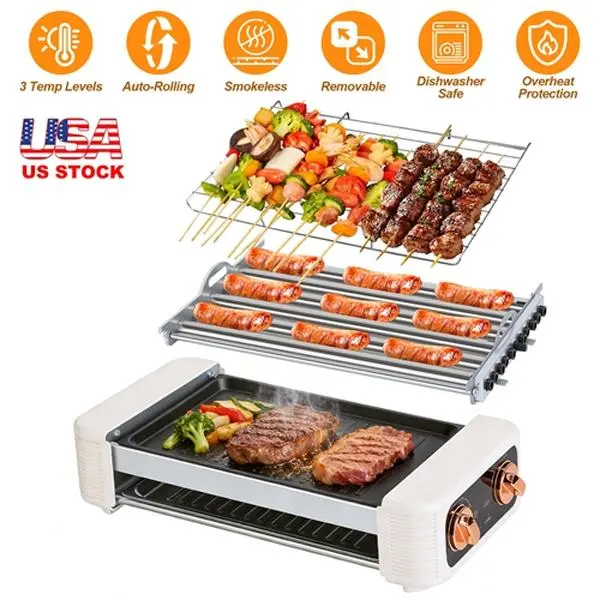 Portable 3-In-1 Electric Hot Dog Roller Machine - 6-Roller Smokeless Non-Stick Cooker with Grill, Griddle, Adjustable 3-Level Temperature, Overheat Protection for Camping BBQ Sausages, Stainless Steel, Family Meals