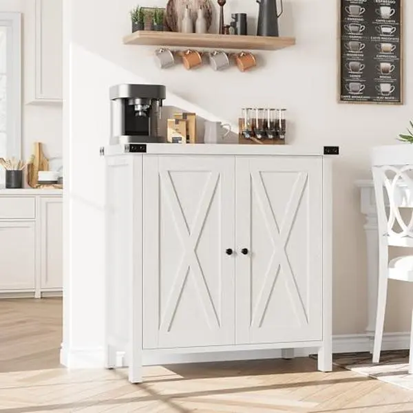 Small Storage Cabinet, Farmhouse Sideboard Buffet Cabinet with 2 Doors and Adjustable Shelves, Accent Entryway Console Cabinets for Living Room, Dining Room,Rustic White