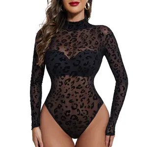 Avidlove Long Sleeve Bodysuit for Women Turtleneck Mesh Bodysuit Geo Print Leotards