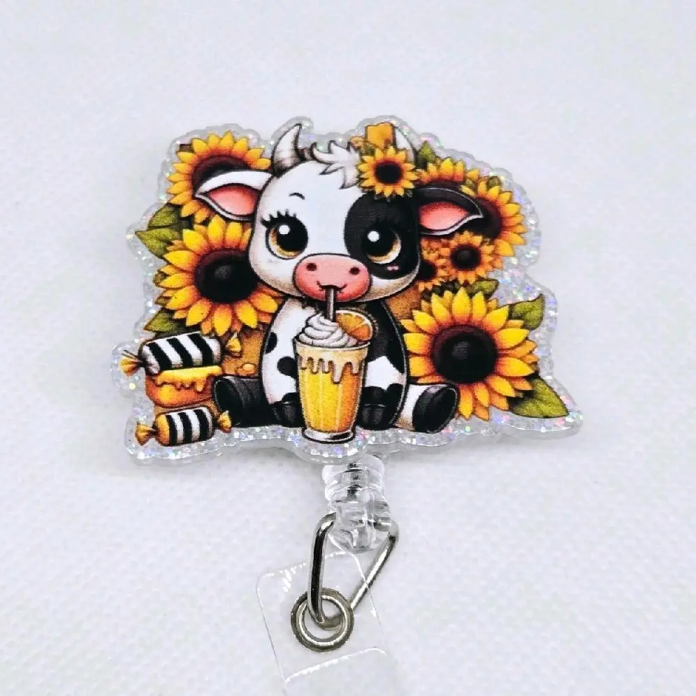 Cute Black and White Cow with Drink and Sunflowers Glitter Acrylic Retractable Badge ID Reel Belt or Alligator Clip retractable clip