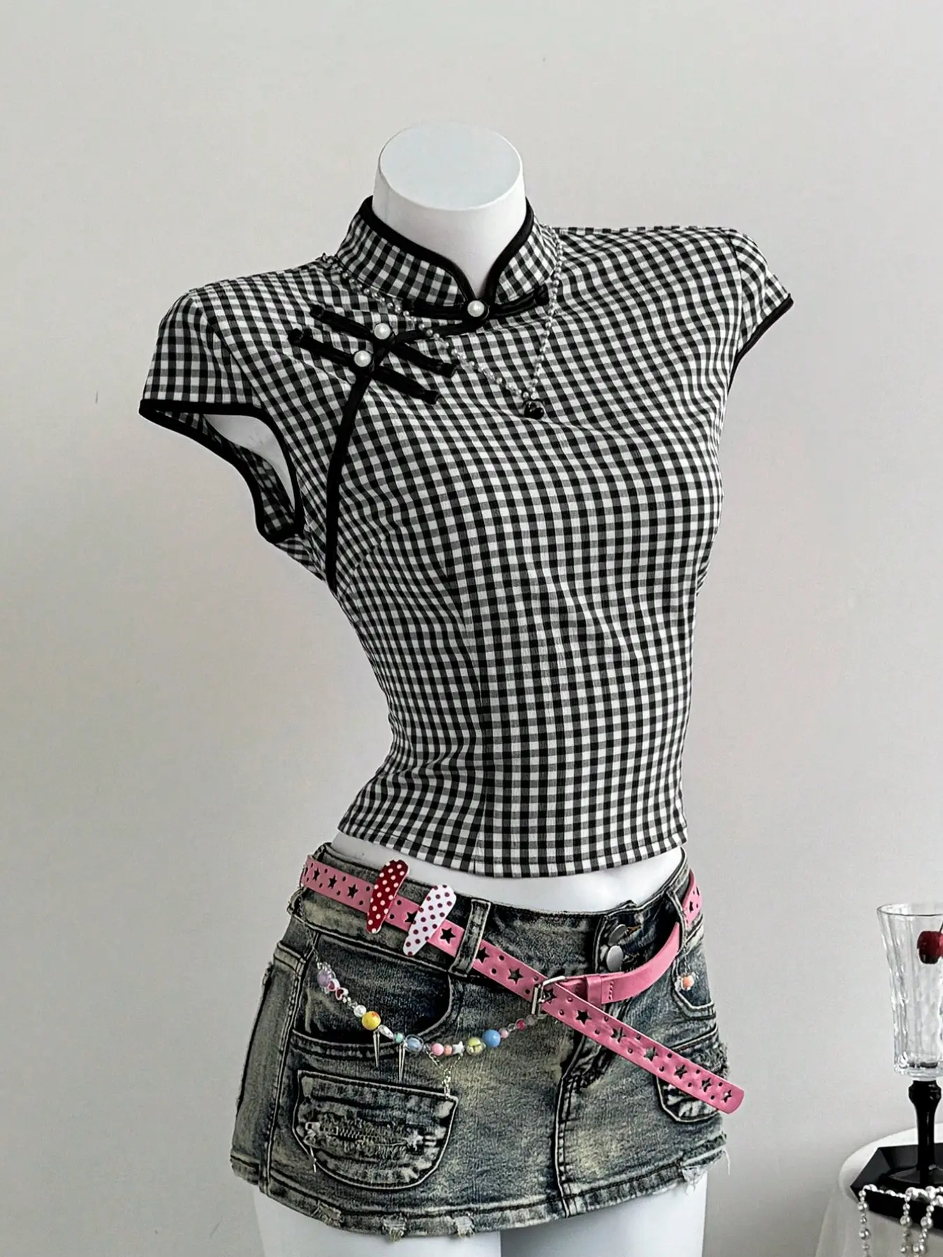 Elegant Chinese Style Women's Summer Plaid Button Back Zipper Waist Short Sleeve Shirt Womenswear Clothing, Fashionable and Stylish Design, Perfect for Daily Wear Clothes