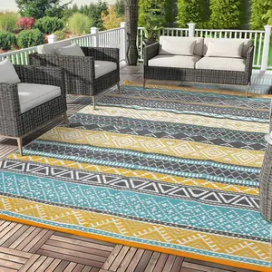 10'x20' Reversible Outdoor Plastic Straw Rug - Sage Green Patio Mat with Flower Design for RV, Backyard, Deck, Camping & Picnic - Teal/Yellow