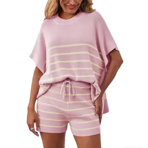 Women's Striped 2 Piece Outfits Oversized Batwing Short Sleeve Tops High Waisted Shorts Summer Knit Lounge Short Sets Clothes Suits