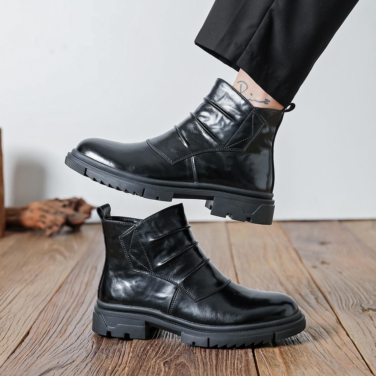 Men’s new high-top shaft boots—fashionable, versatile boots; trendy casual men’s shoes; all-season fashion boots with thick soles.
