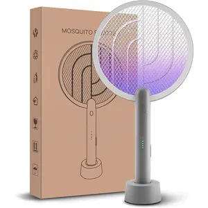Rechargeable Electric Fly Swatter with Base, 2 in 1 Mosquito Bug Zapper 4000V Handheld Mosquito Killer with 1800 mAh Rechargeable Battery, Blue Light and 3-Layer Safety Mesh for Indoor Outdoor Home Patio Camp Office