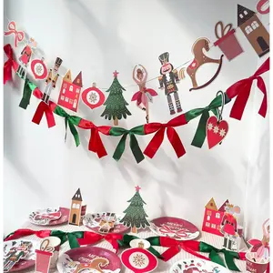 Nutcracker Ballet Christmas Banner | Pack of 2|6ft Pre-Strung Satin Bow Garland Red & Green | 8ft DIY Paper Garland  ,Tree, Bell,Castle Cutouts,for Xmas  Sign Decor (Christmas)