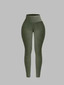 Women's Solid Ribbed High Waisted Yoga Skinny Pants, Casual Comfy High Waist Leggings for Daily Wear, Ladies Bottoms for All Seasons