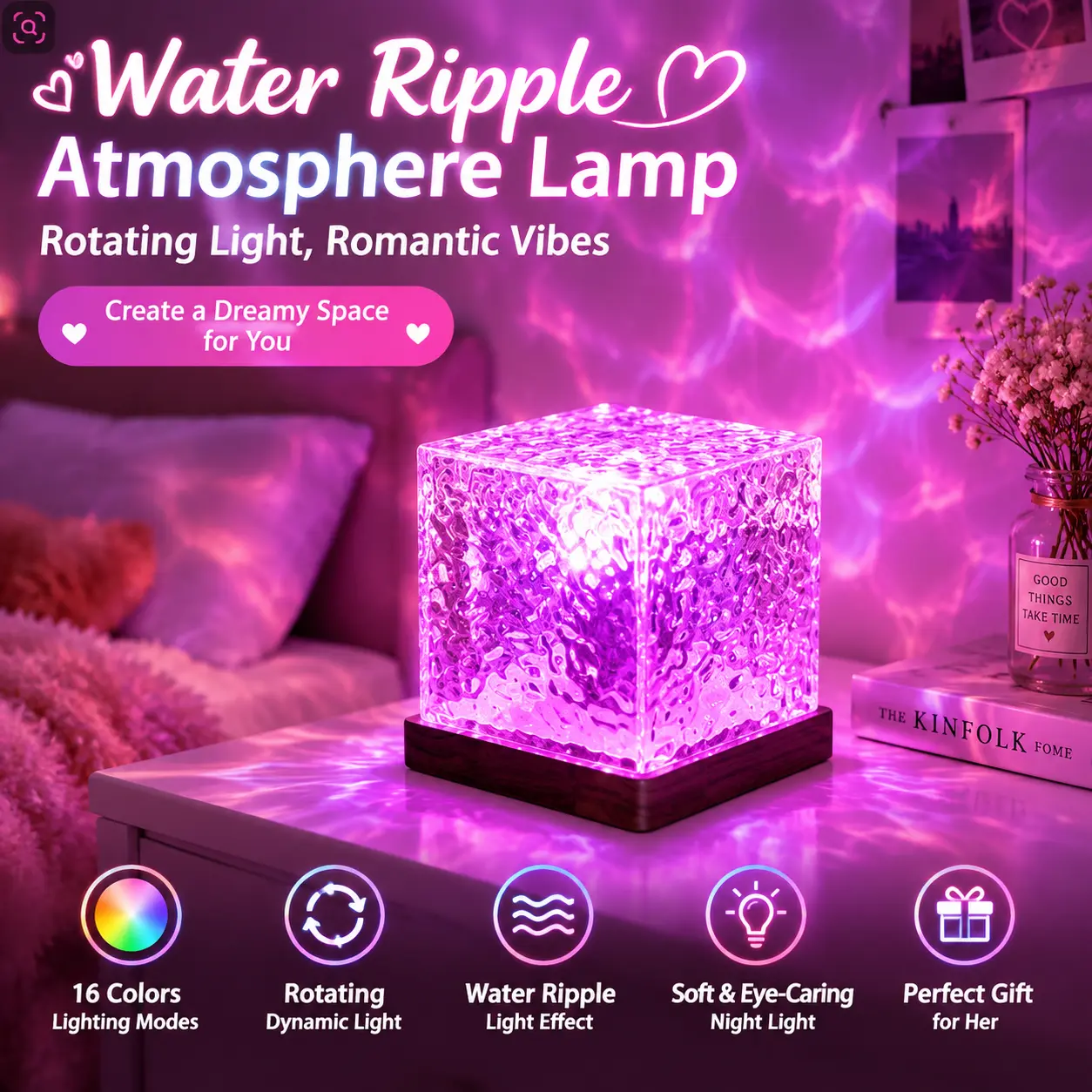 16-Color Rechargeable RGB Rotating Crystal Projector Lamp with Remote, Water Ripple LED Lights Bedroom, Unique Room Decor for Home Bedroom, Birthday Christmas Gifts B009