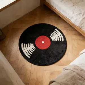 Vinyl Record Round Rug, Soft Plush Faux Wool Carpet, Party Style Home Decor for Living Room & Bedroom, Multi-Color Design, Home Decorative Rug, Soft Fluffy Rug, Floor Rug