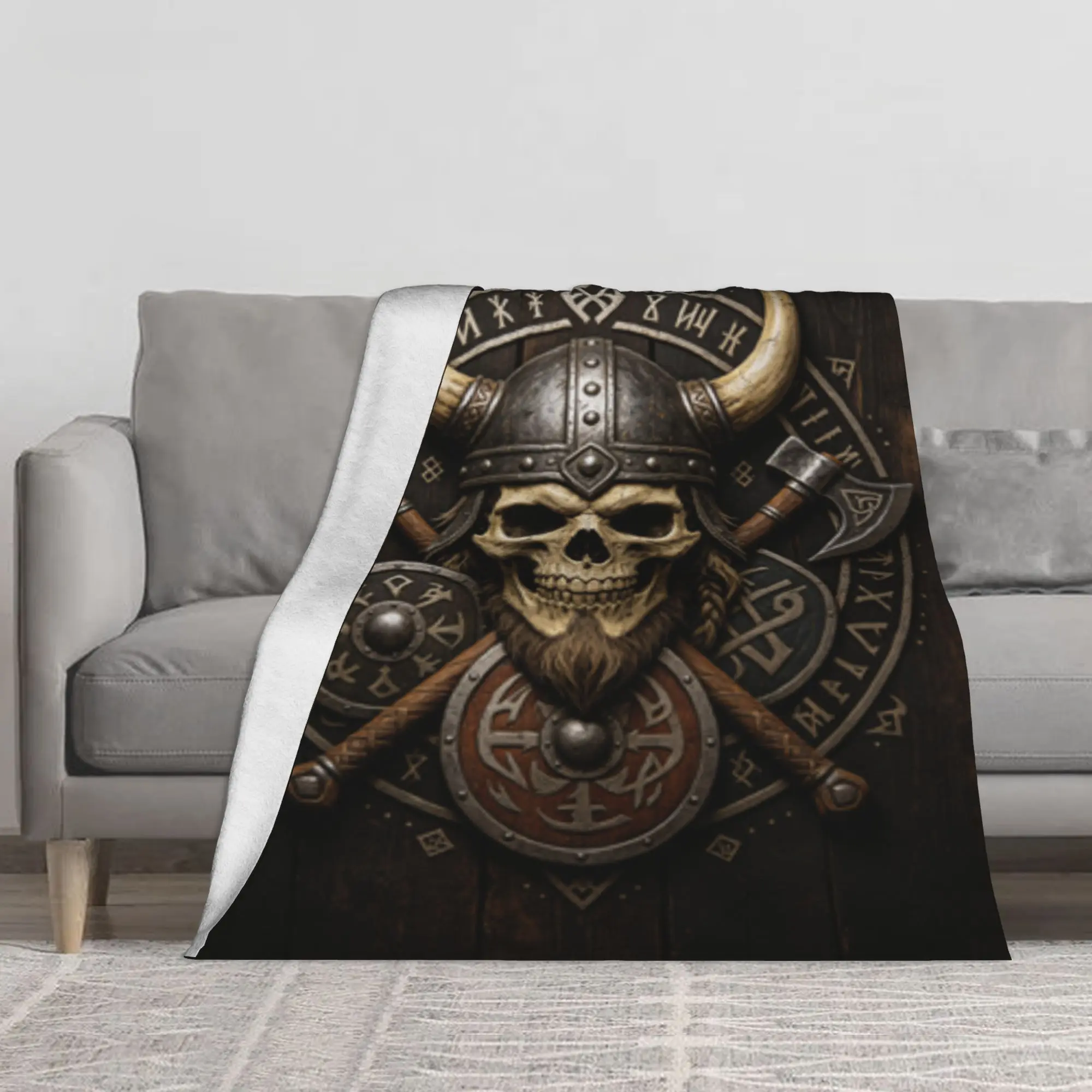 Viking Horned Helmet Skull Crossed Axes Rune Circle Flannel Throw Blanket, Large Soft Lightweight Warm Decor Blanket, Multi-Purpose Sofa Cover, Wall & Front Door Hanging Tapestry, Nordic Warrior Norse Mythology Aesthetic Gift for Family and Friends